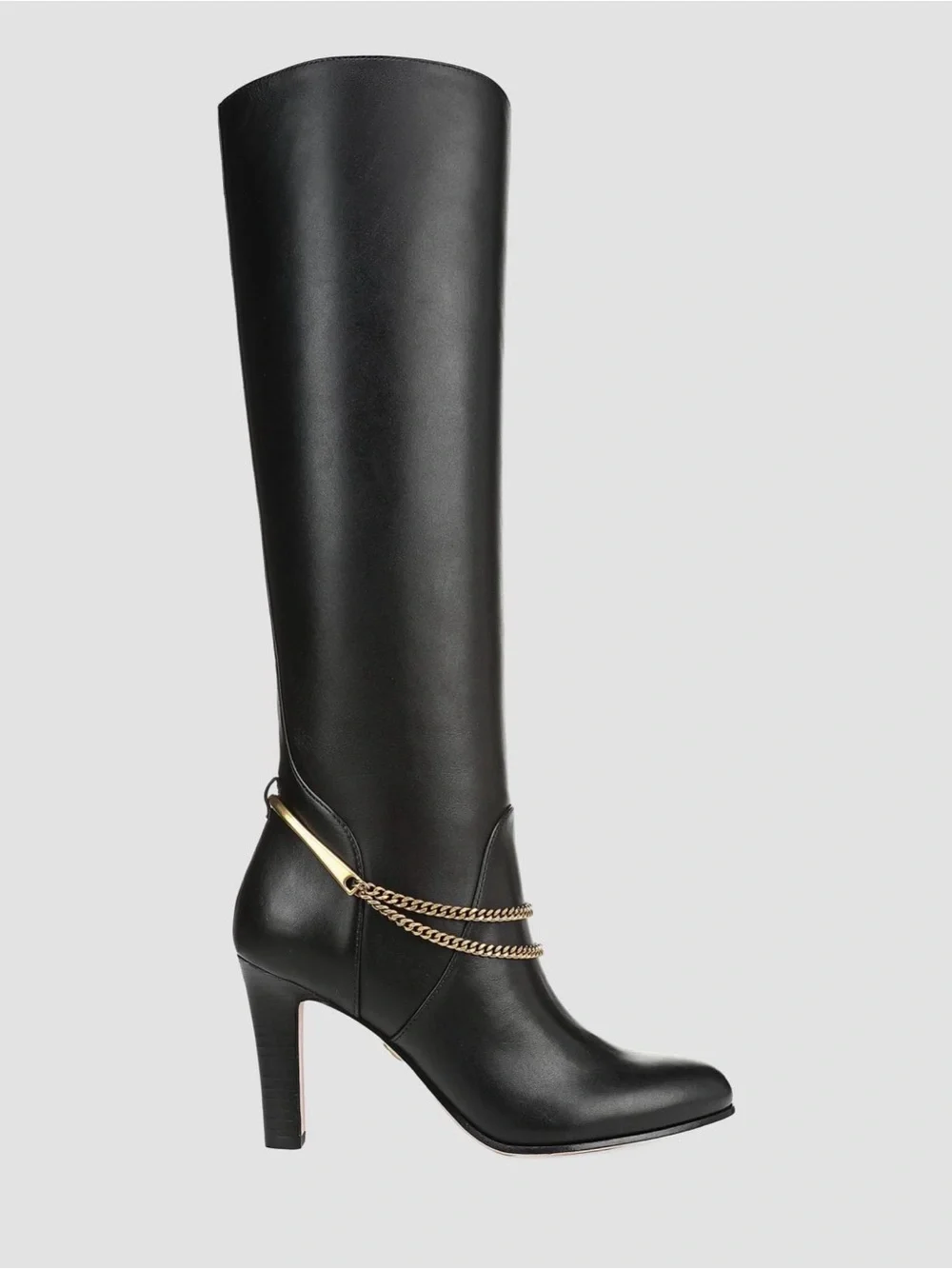 Veronica Beard Black Over-the-Knee Leather Boots with Gold Chain